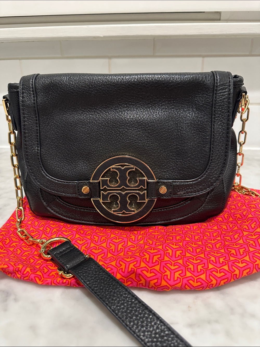 Tory Burch Amanda Black Leather Crossbody with Gold Logo Medallion